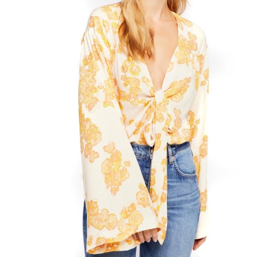 Free People Forties Feels Printed Bodysuit in Ivory Combo - Size Large